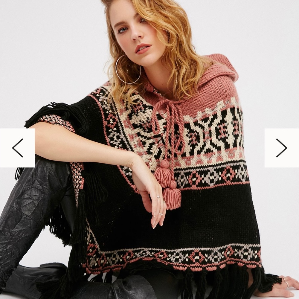 Free People High Life Fair Isle Poncho Boho Fringe Oversized Knit Shrug OS